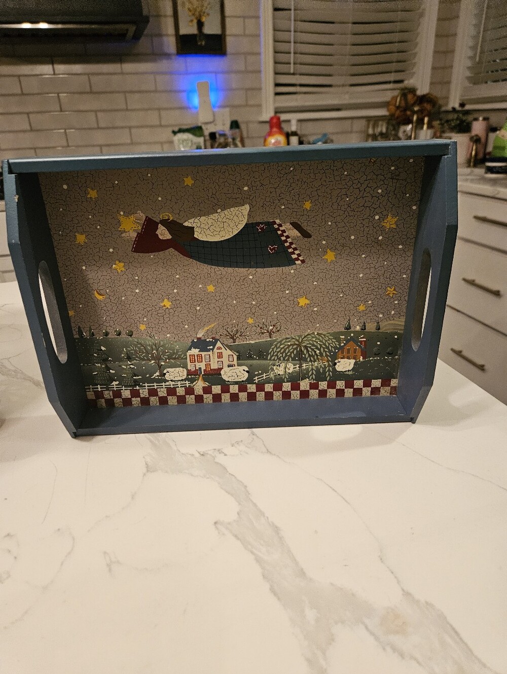 Blue Decorative Wooden Serving Tray with Angel and Village Artwork